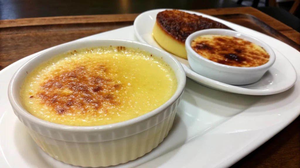 A close-up image showing a creamy crème brûlée with a perfectly caramelized sugar crust next to a bowl of smooth, velvety custard.