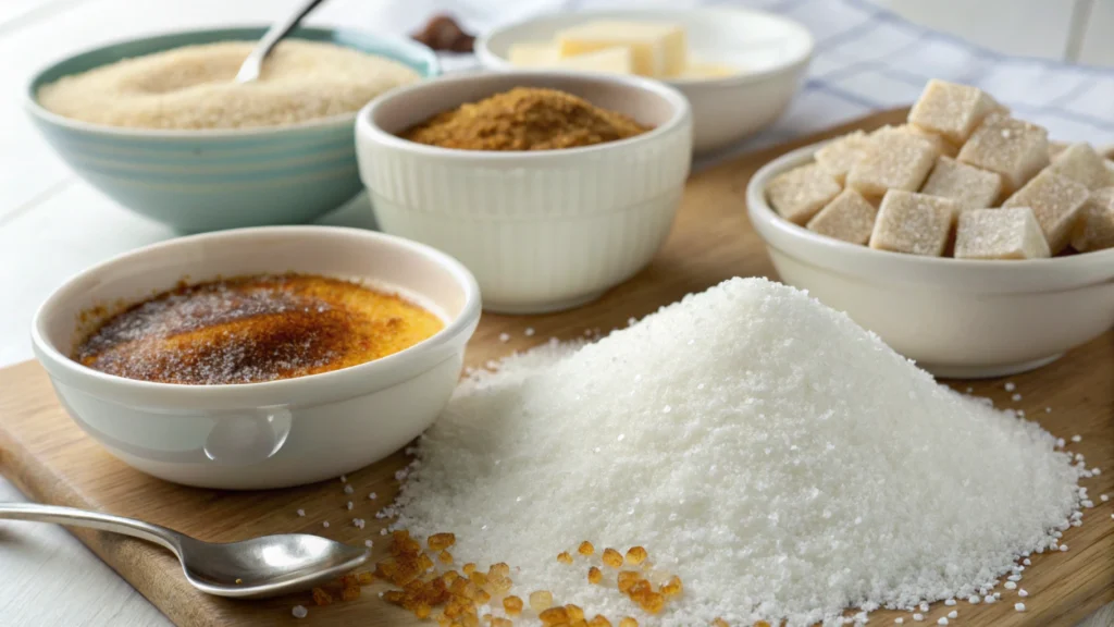 A selection of sugars including white granulated, brown, Demerara, and Turbinado, arranged next to a freshly made crème brûlée dessert.