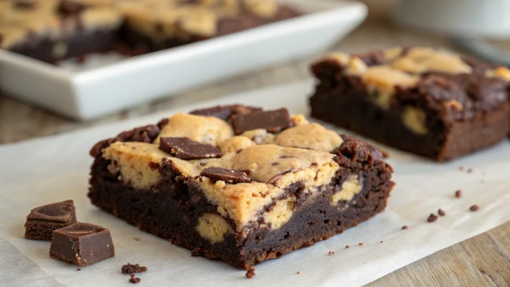 Decadent Slutty Brownies with layers of cookie dough, brownie batter, and chocolate chips, served on a white plate.