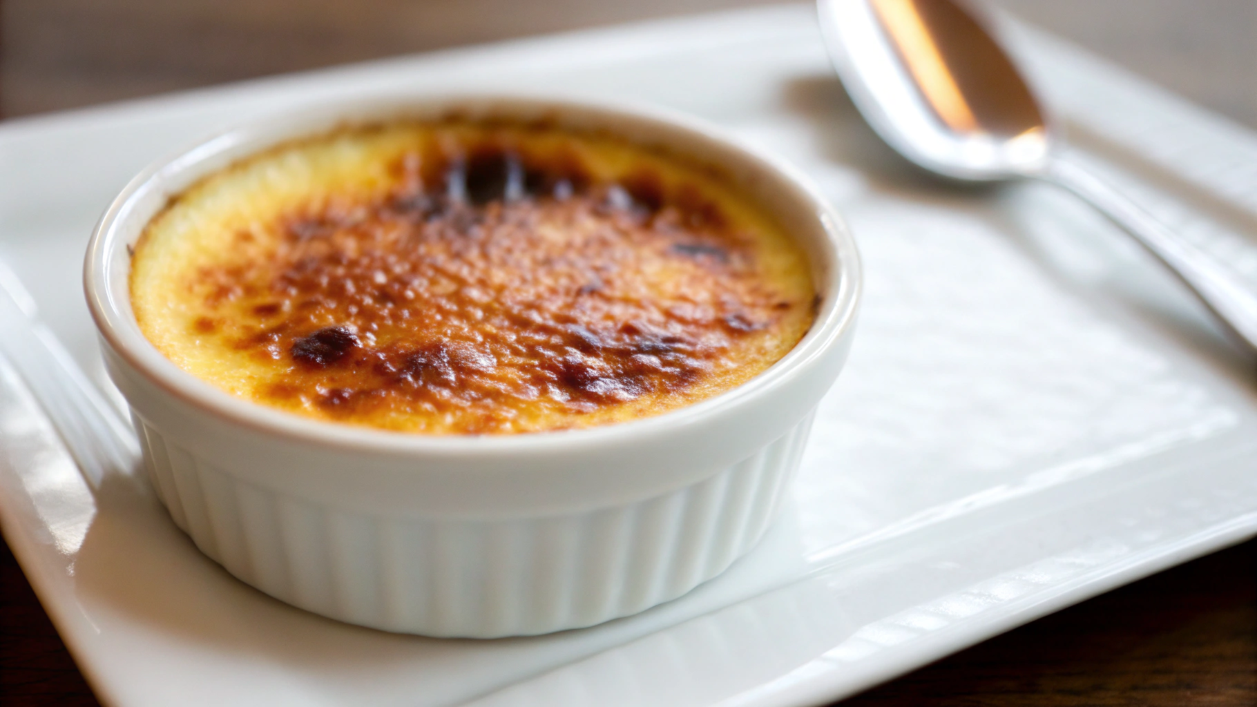 Close-up of a beautifully caramelized brulee dessert with a golden, crispy sugar crust