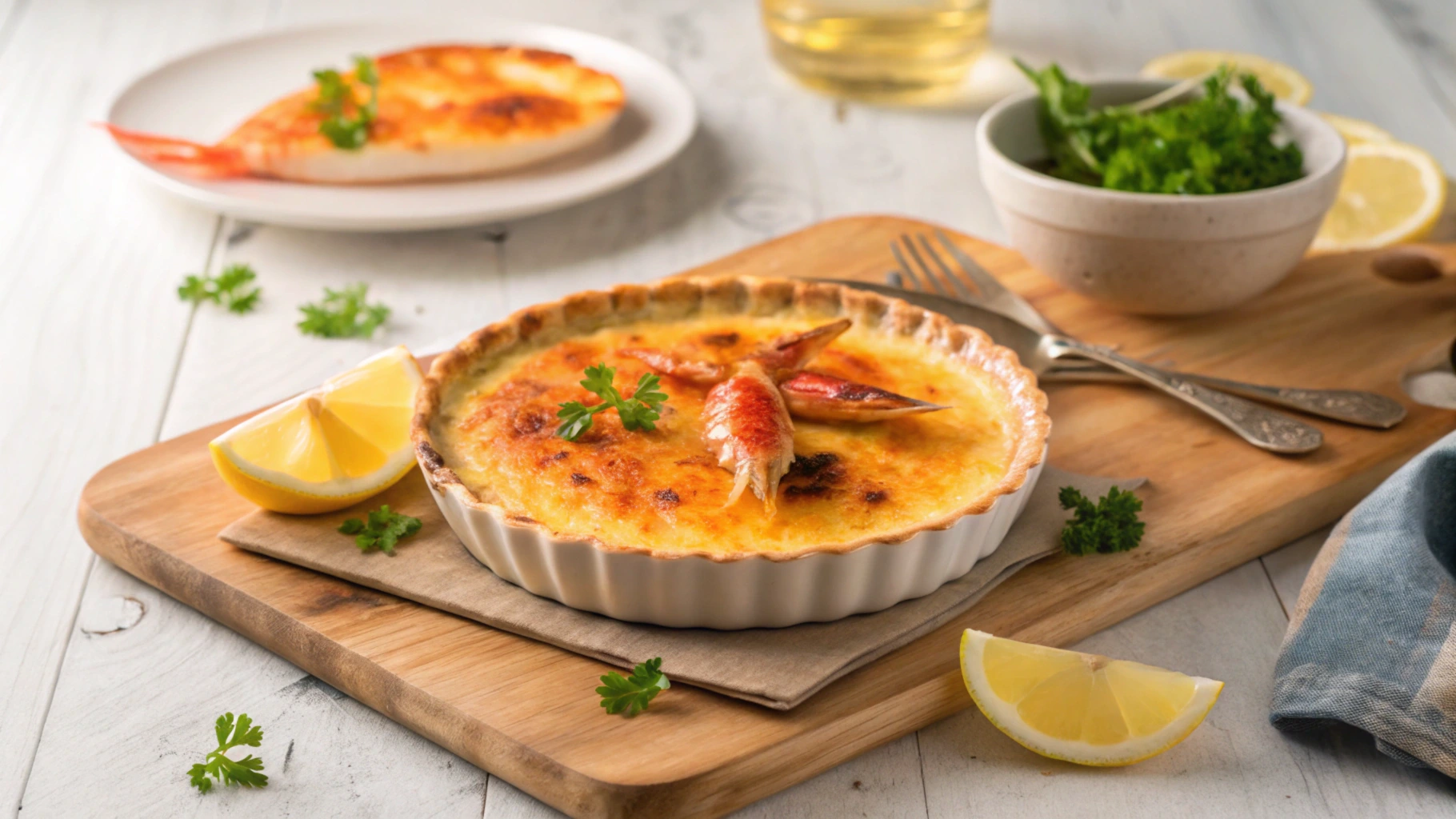 A serving of Crab Brulee Recipe in a ramekin, featuring a golden caramelized sugar crust, fresh herbs, and a delicate crab claw garnish.