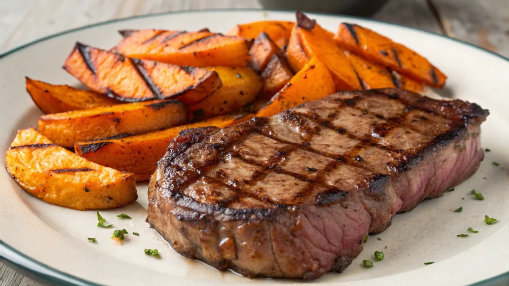 A plate of steak served with creamy mashed sweet potatoes, garnished with herbs.