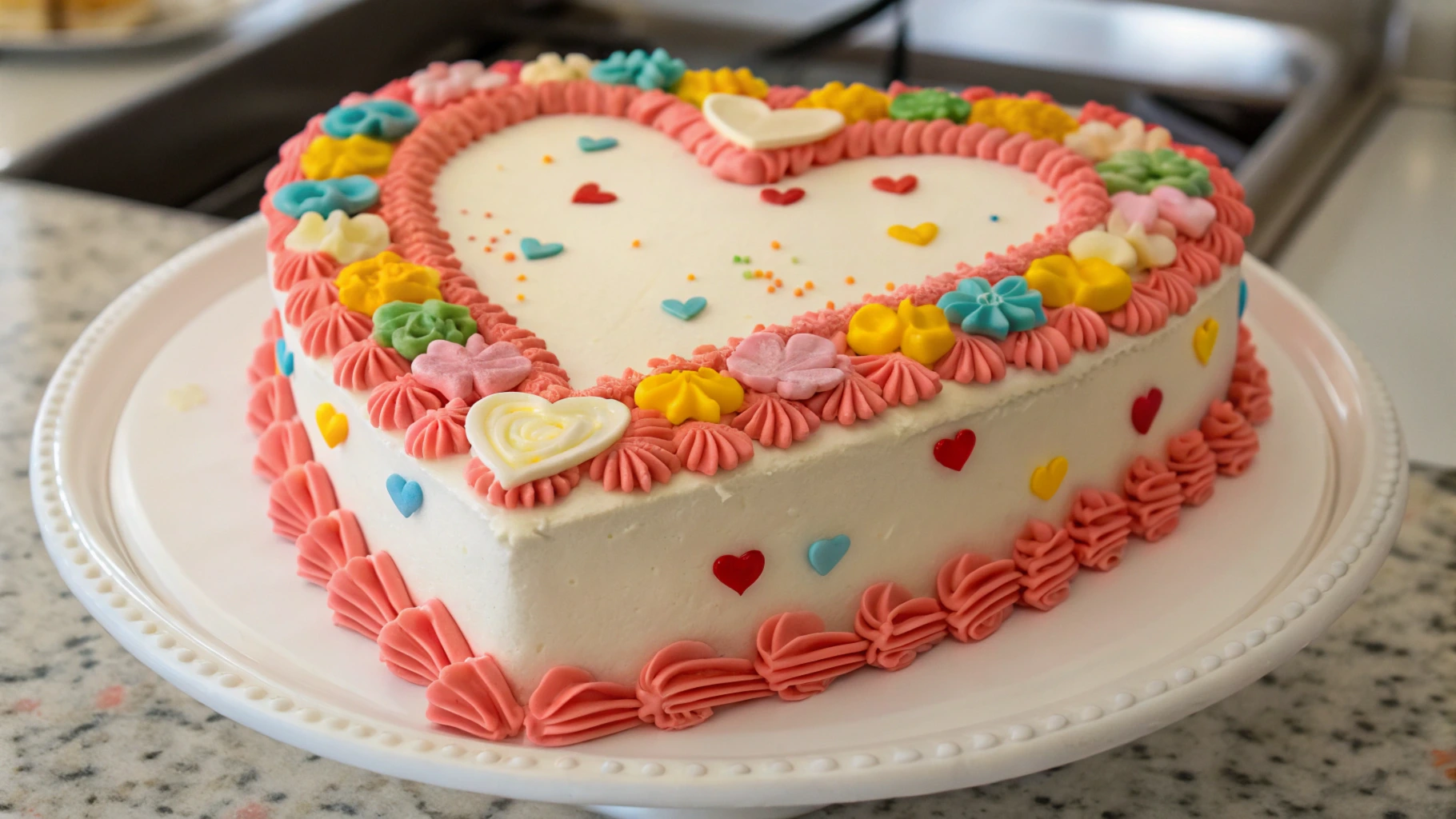 A heart-shaped cake decorated with pink icing, flowers, and a ribbon, perfect for a romantic occasion.