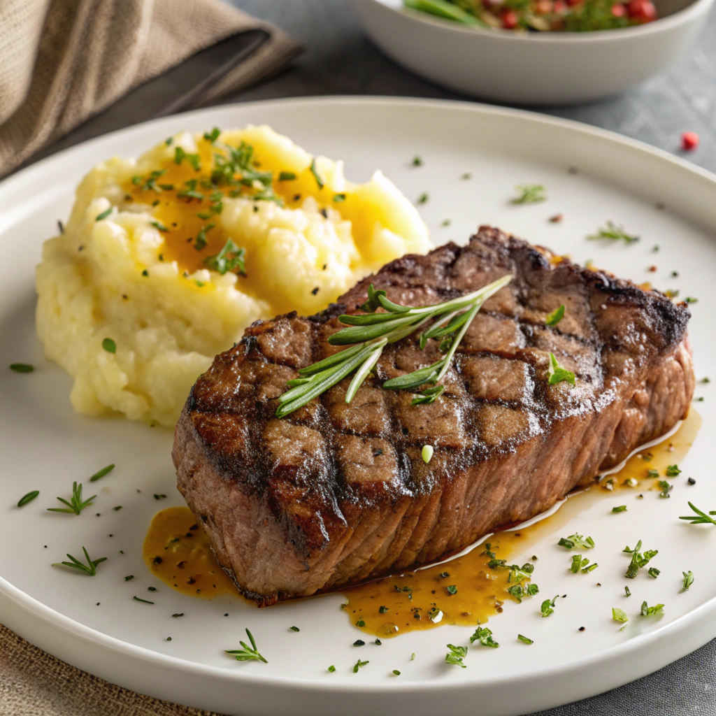 Juicy steak served with perfectly roasted potatoes on a plate.