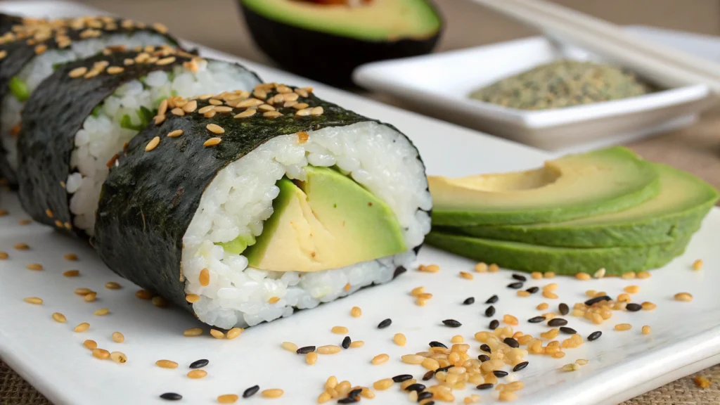 Sushi roll with avocado, fresh fish, and vegetables wrapped in seaweed.