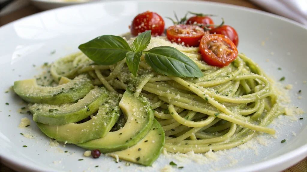 Creamy avocado pasta served in a bowl with a sprinkle of parmesan cheese.