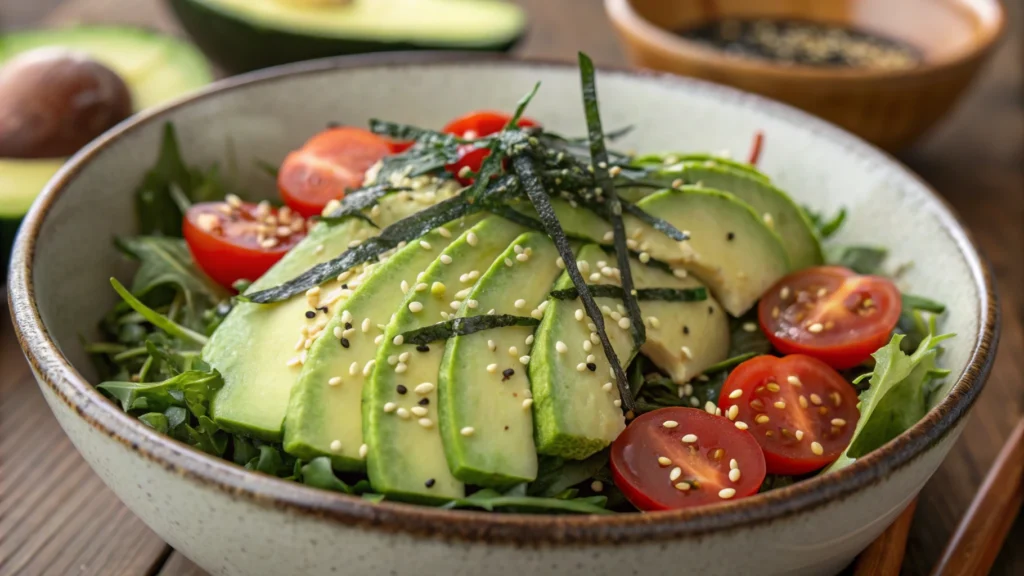 Japanese-style avocado salad with fresh ingredients like avocado, cucumber, and sesame seeds, served in a bowl.