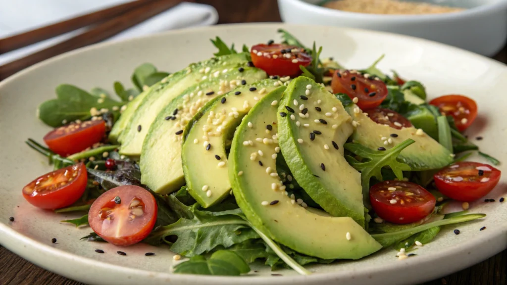 Close-up of a vibrant Japanese avocado salad, featuring sliced ripe avocado, cucumber, and mixed greens, topped with sesame seeds, shredded seaweed, and a light soy-based dressing, served in a small bowl.