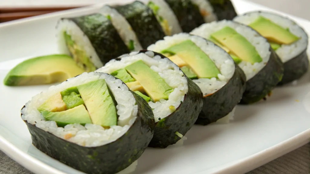 A plate of sushi rolls filled with avocado, with some slices of avocado peeking out from the top. The rolls are wrapped in seaweed, and the rice is perfectly shaped. A light drizzle of soy sauce and possibly sesame seeds or wasabi is seen around the sushi, adding flavor and decoration. The rolls are neatly arranged on a simple plate.