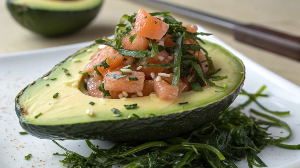 A fresh avocado half placed on a plate, topped with slices of raw fish, possibly sushi-grade tuna or salmon. The avocado's creamy green flesh contrasts with the pinkish-red fish. The dish is garnished with sprigs of dark green seaweed, adding texture and color. The plate is clean and simple, highlighting the vibrant colors of the ingredients.