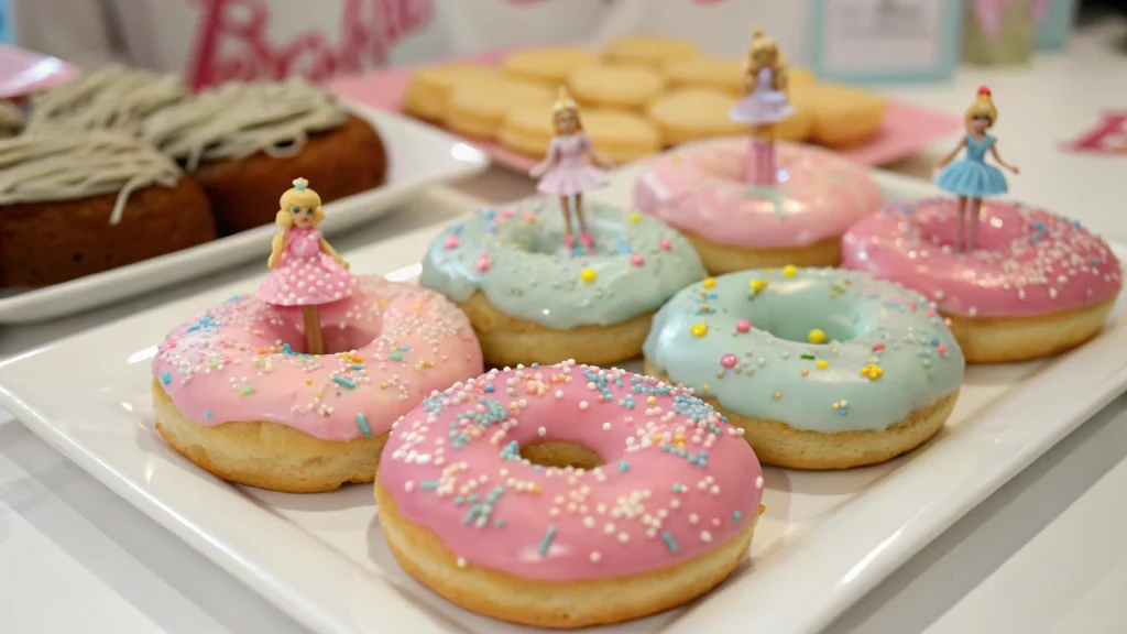 Colorful Barbie doughnuts with pink glaze and vibrant sprinkles.