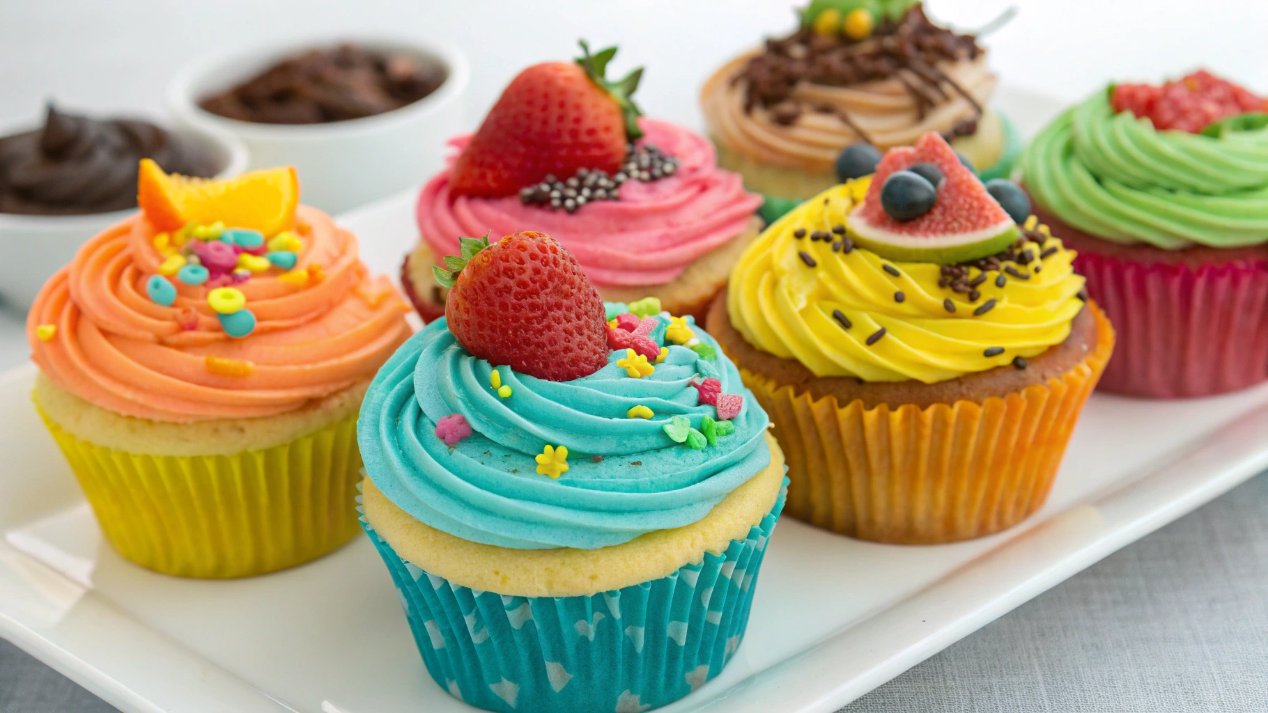 A close-up image of colorful cupcakes with frosting and sprinkles.