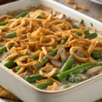 A bowl of Campbell Soup Green Bean Casserole topped with crispy fried onions, served on a wooden table.