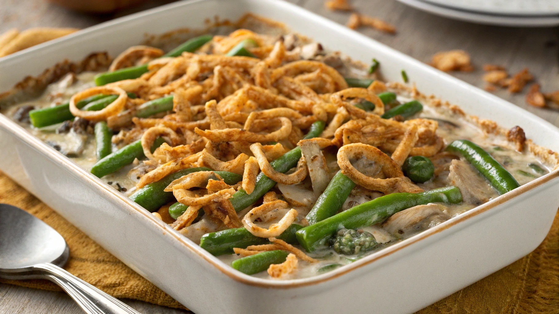 A bowl of Campbell Soup Green Bean Casserole topped with crispy fried onions, served on a wooden table.