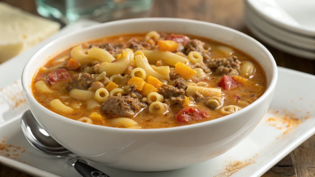 A bowl of cheesy, creamy cheeseburger macaroni soup with ground beef, pasta, and melted cheese, garnished with fresh herbs.