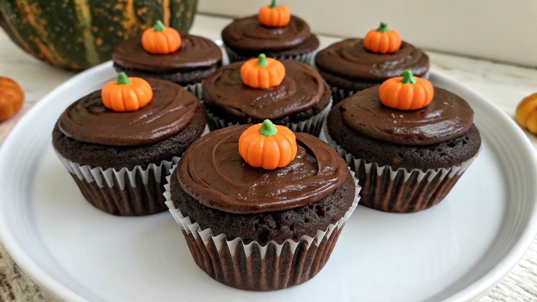 Chocolate pumpkin cupcakes with cream cheese frosting and a sprinkle of cinnamon