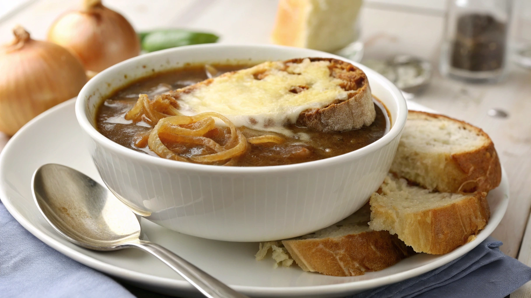 A bowl of French Onion Soup Rice with caramelized onions, melted cheese, and fresh herbs on top.