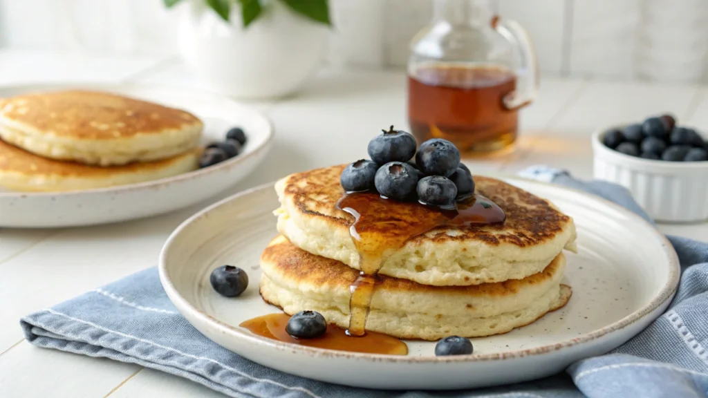 A stack of fluffy gluten-free pancakes topped with fresh berries and a drizzle of maple syrup.