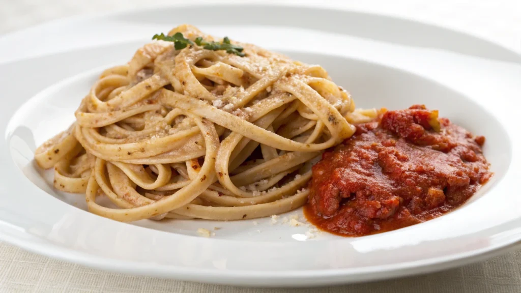 A bowl of gluten-free pasta with a tomato and basil sauce, topped with grated cheese.