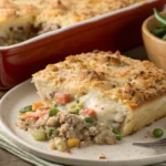 A delicious ground turkey casserole fresh out of the oven, with melted cheese and vegetables.