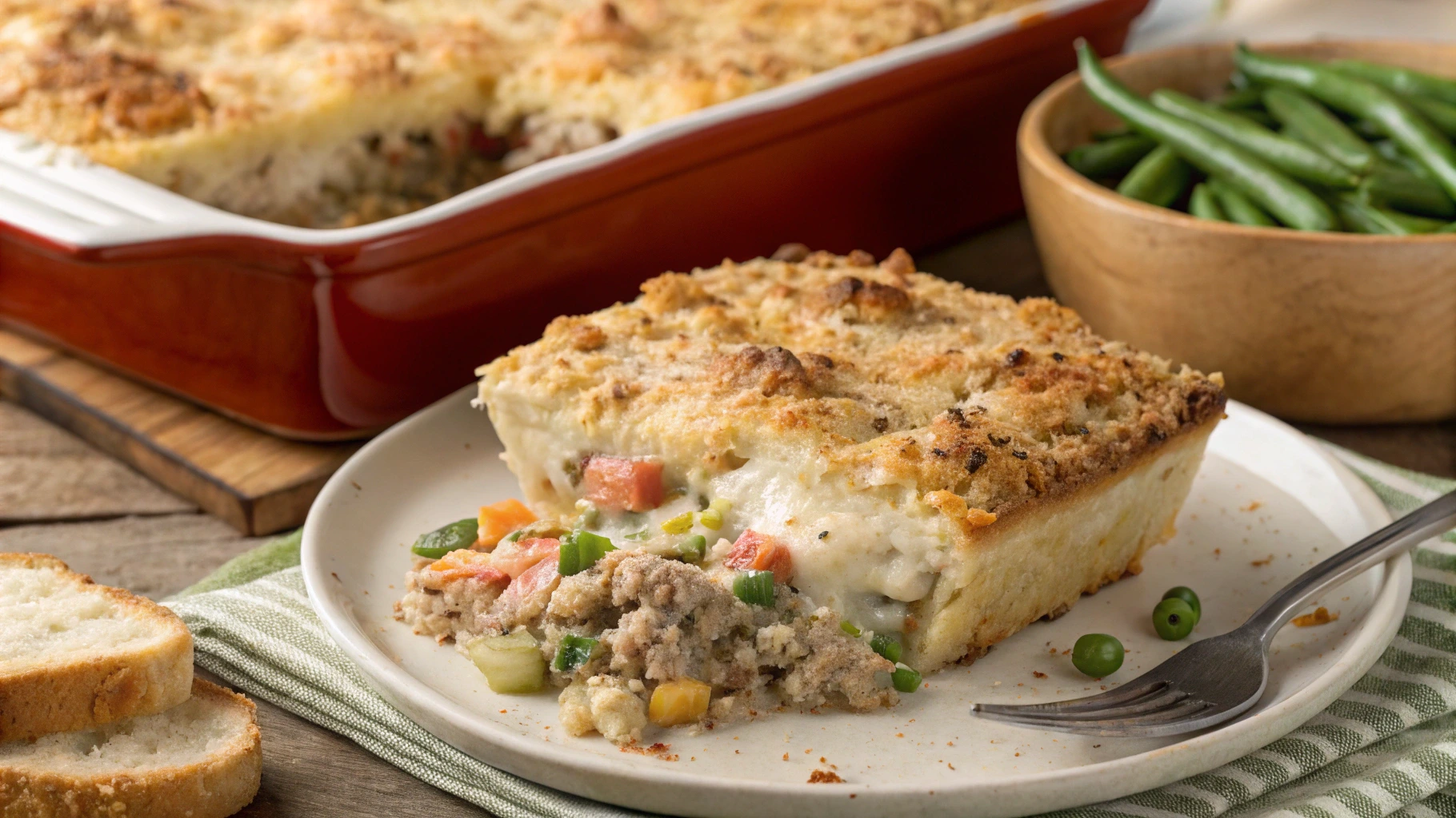 A delicious ground turkey casserole fresh out of the oven, with melted cheese and vegetables.