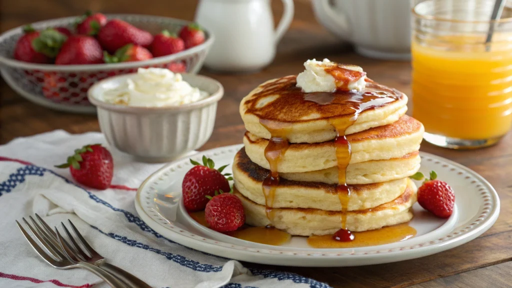 Delicious stack of fluffy pancakes served with syrup and fresh berries for a perfect pancake breakfast.