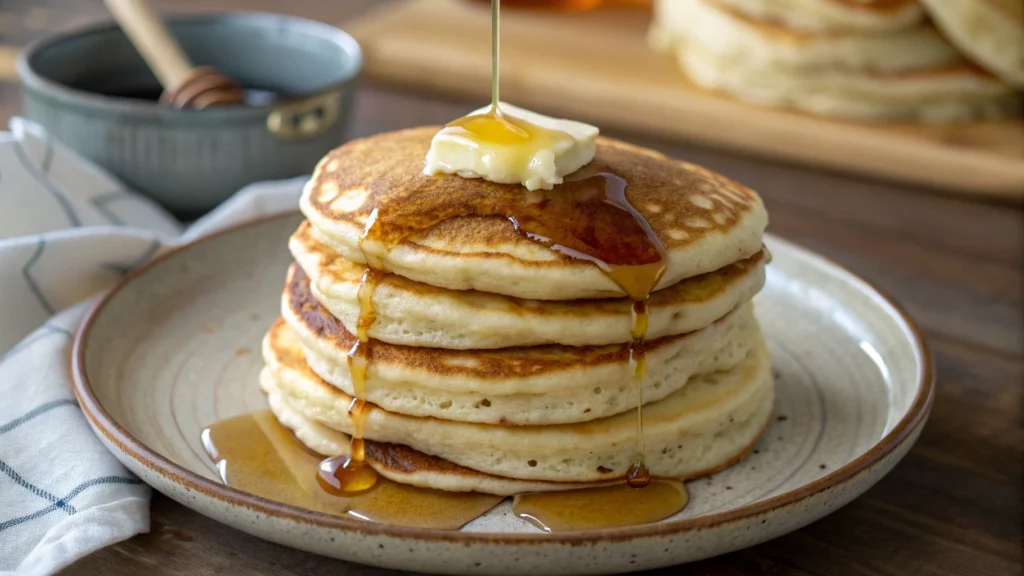 A stack of fluffy, golden-brown pancakes served with a pat of butter on top and drizzled with syrup.