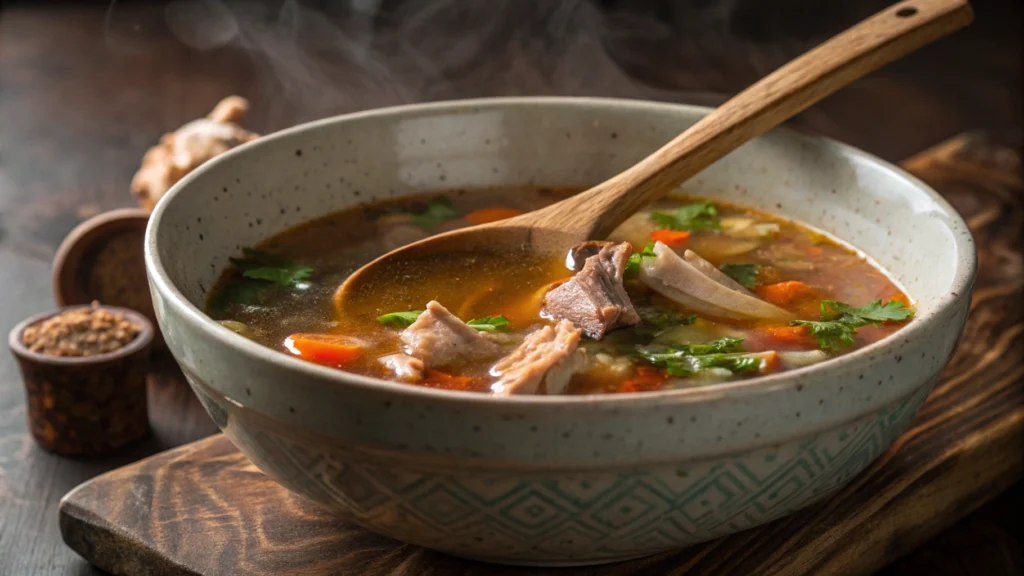 A close-up of a rich, meaty soup bone ready for cooking.