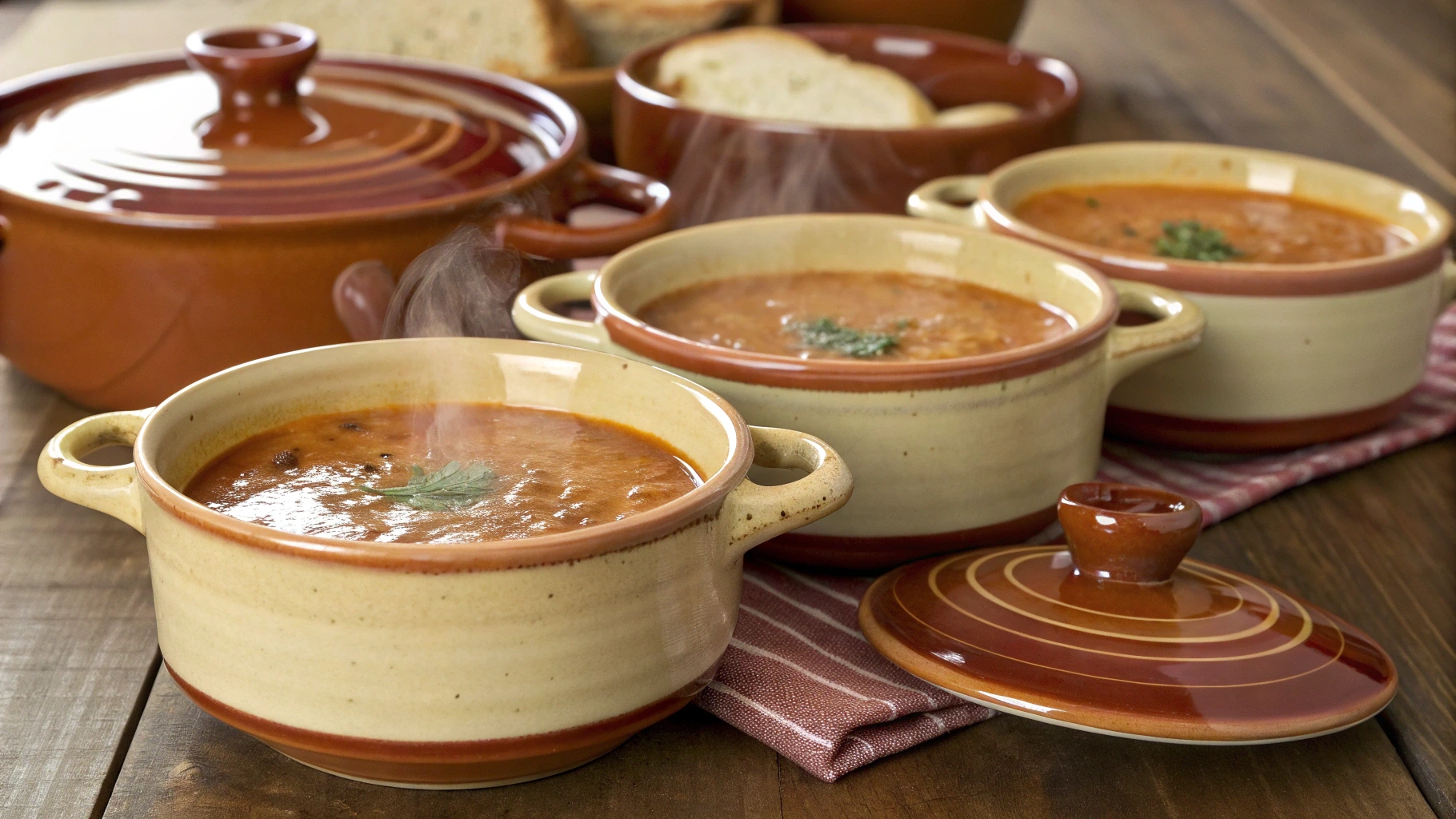 Soup bowls with handles, perfect for serving hot soups and stews.