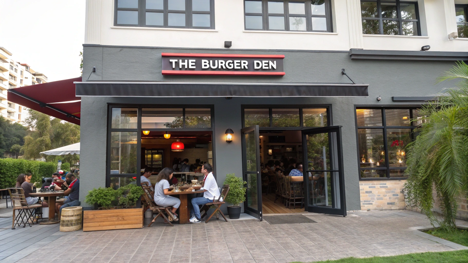 A delicious burger from The Burger Den with fresh ingredients, served in a cozy dining environment.