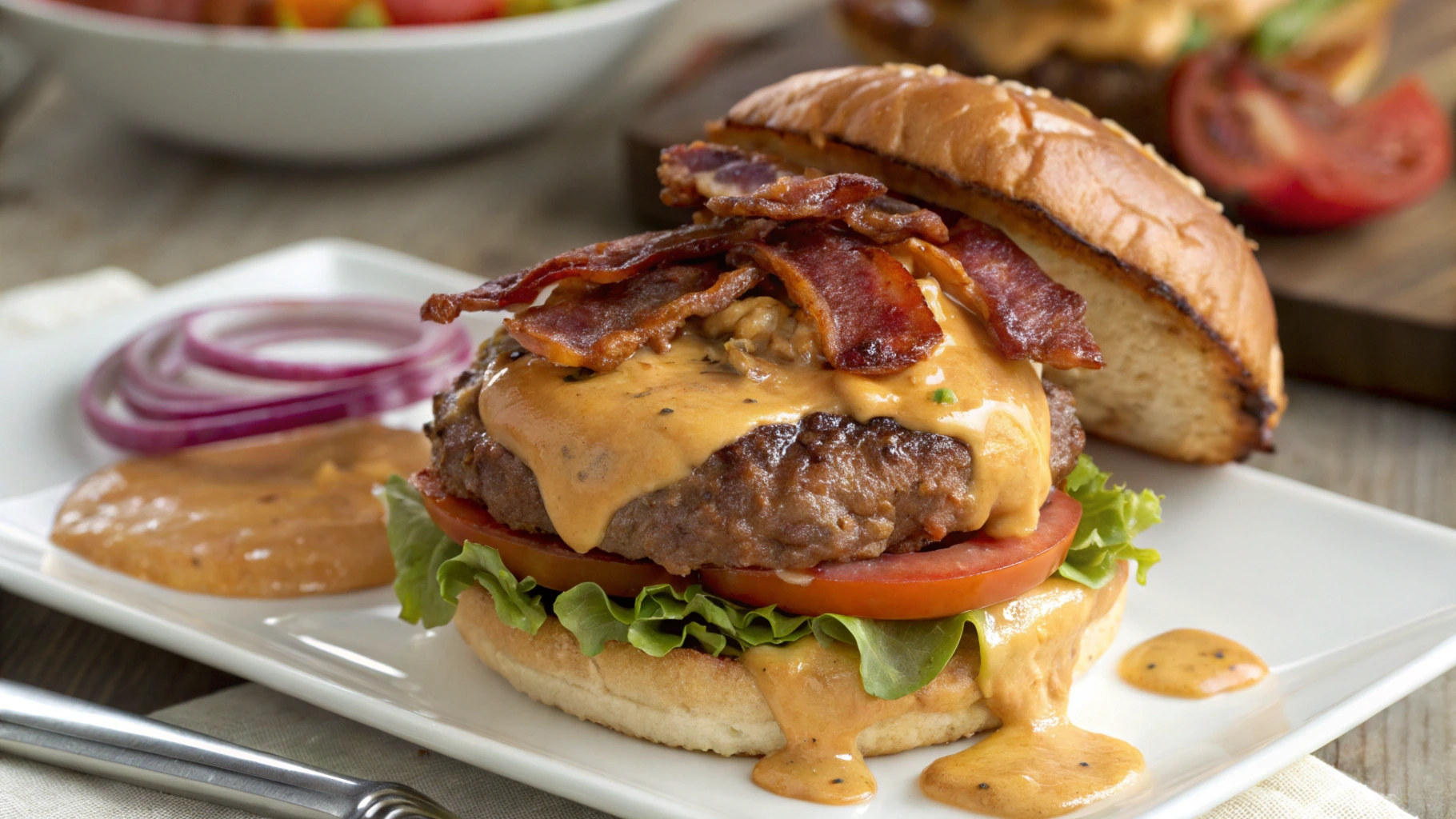 Peanut Butter Bacon Cheeseburger with melted cheese and crispy bacon.