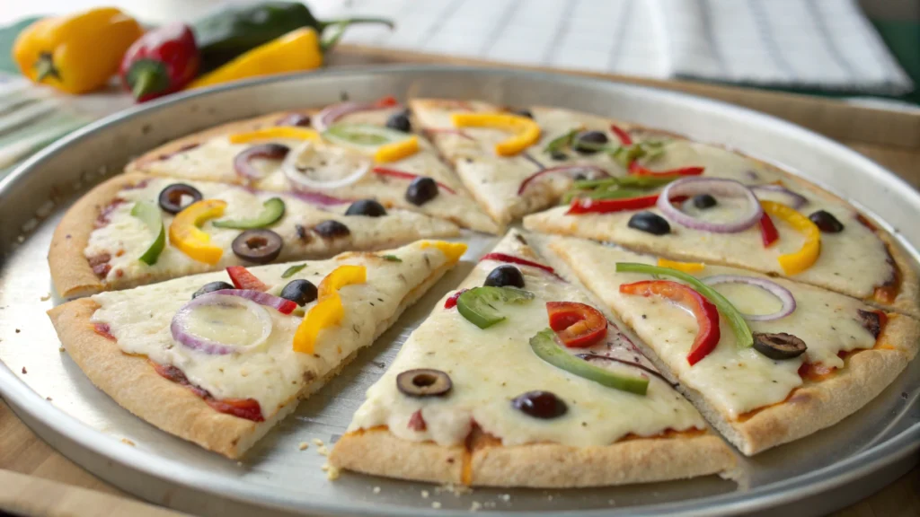 Vegan school pizza with simple ingredients, ready to serve.