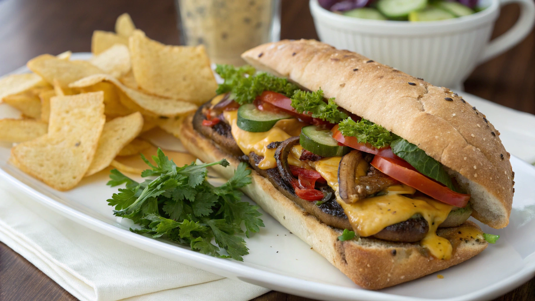 A delicious cheeseburger sub loaded with a juicy patty, melted cheese, fresh vegetables, and savory toppings.