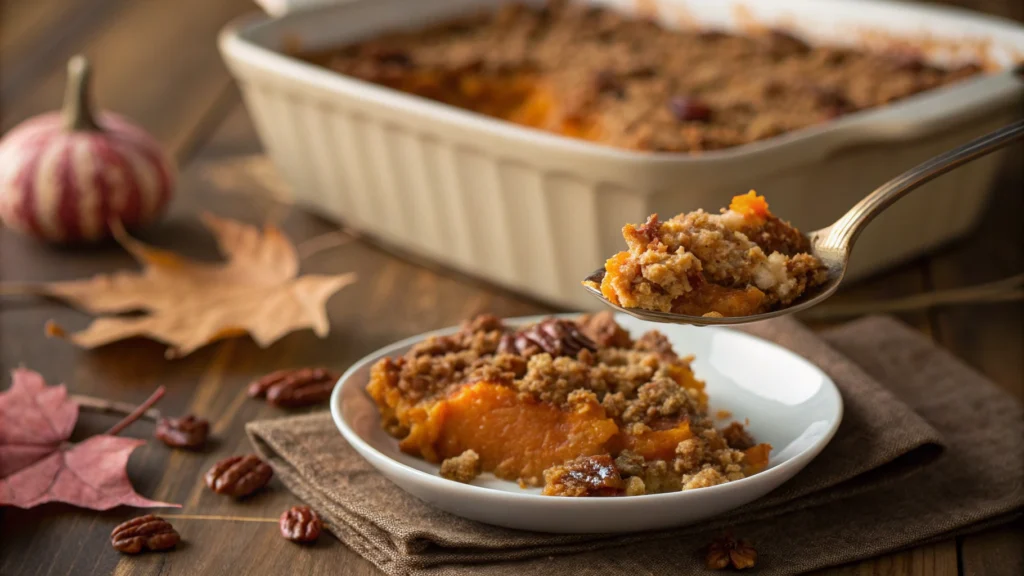 Close-up of Ruth's Chris Sweet Potato Casserole with a golden pecan topping, served in a baking dish for a holiday meal.