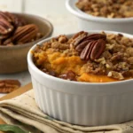 Close-up of Ruth's Chris Sweet Potato Casserole with a golden pecan topping, served in a baking dish for a holiday meal.