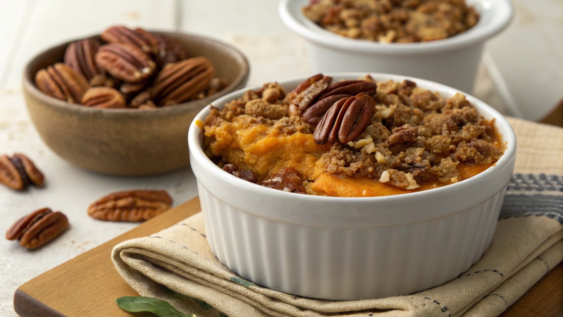 Close-up of Ruth's Chris Sweet Potato Casserole with a golden pecan topping, served in a baking dish for a holiday meal.