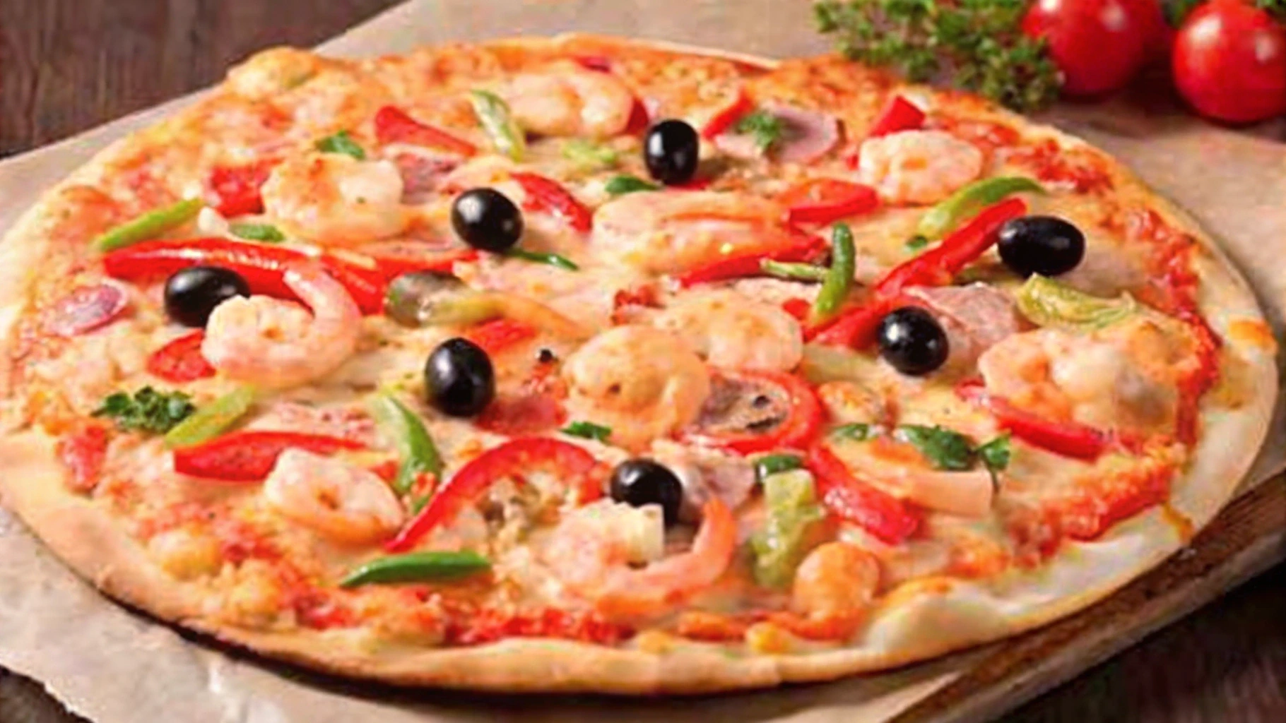 A seafood pizza topped with shrimp, mussels, and cherry tomatoes, garnished with fresh herbs on a wooden table.