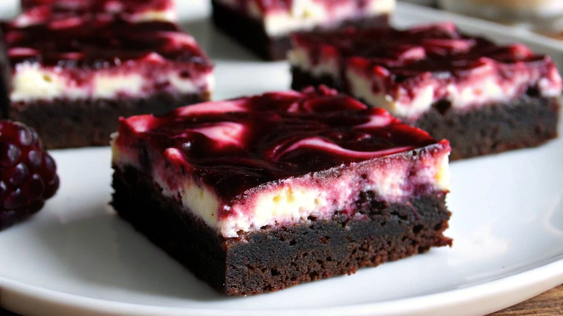 Delicious homemade blackberry cheesecake topped with fresh blackberries and a graham cracker crust.