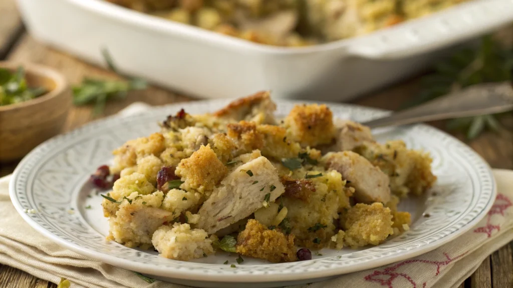 A golden-brown baked chicken and dressing casserole, topped with crispy edges and fresh herbs, served in a ceramic dish.