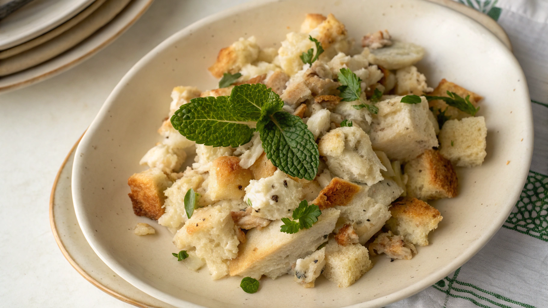 A golden-brown baked chicken and dressing casserole, topped with crispy edges and fresh herbs, served in a ceramic dish.