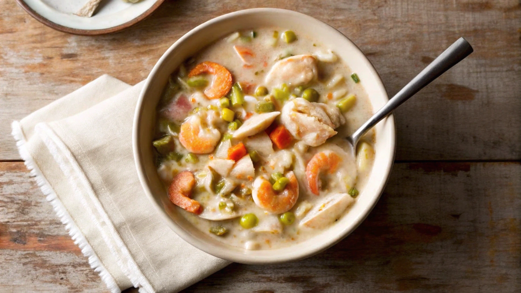 A bowl of Chinese seafood soup with shrimp, fish, and vegetables in a savory broth.