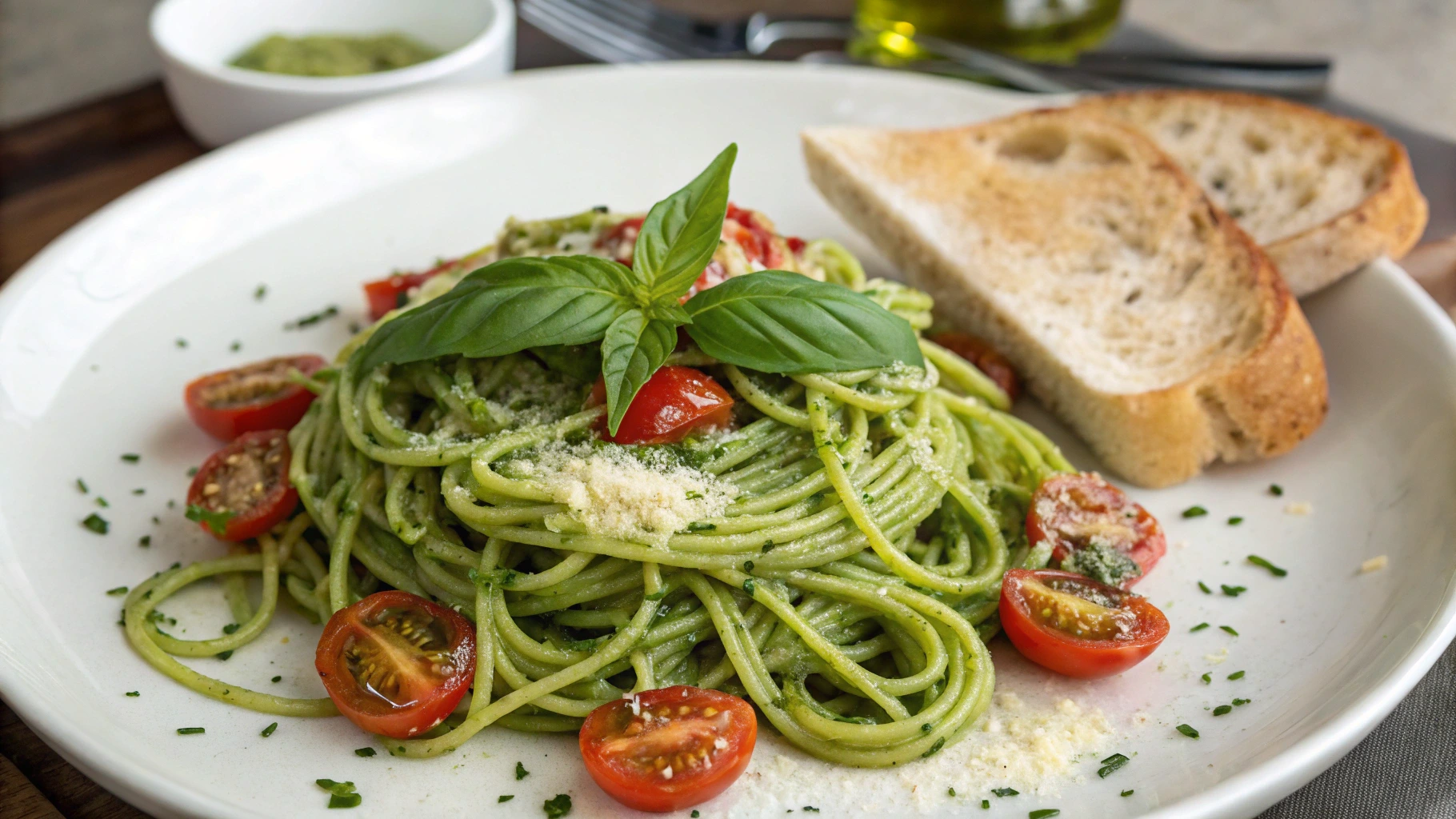 A vibrant bowl of green spaghetti topped with Parmesan cheese and fresh herbs, ready to be served.