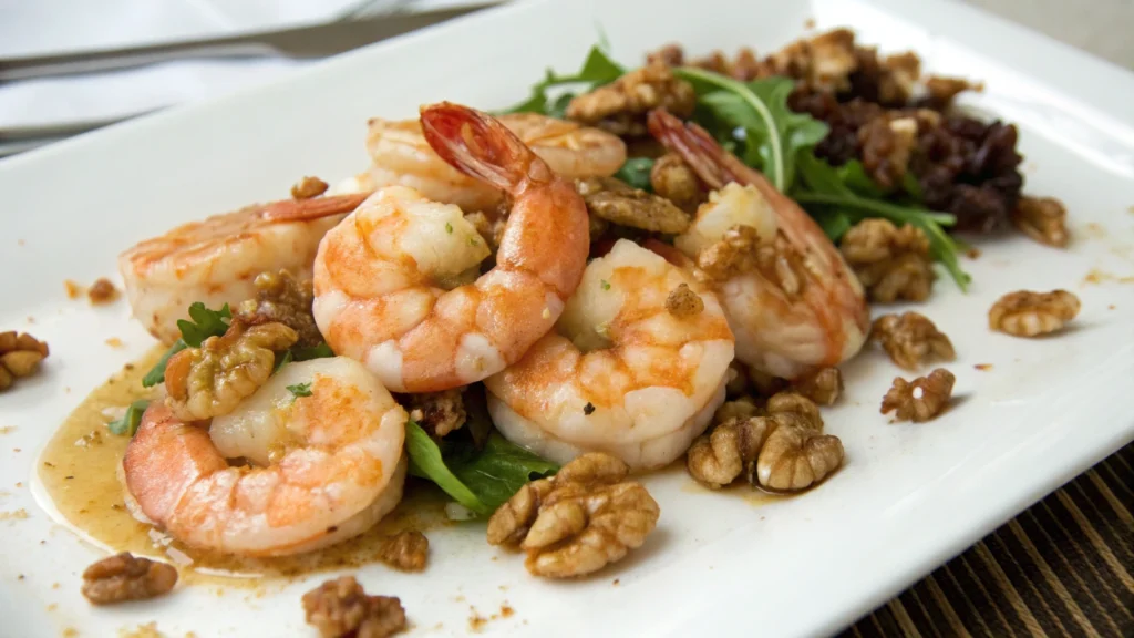 Golden crispy shrimp coated in a creamy honey sauce, topped with candied walnuts, served on a white plate with a garnish of green onions.