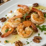 Golden crispy shrimp coated in a creamy honey sauce, topped with candied walnuts, served on a white plate with a garnish of green onions.