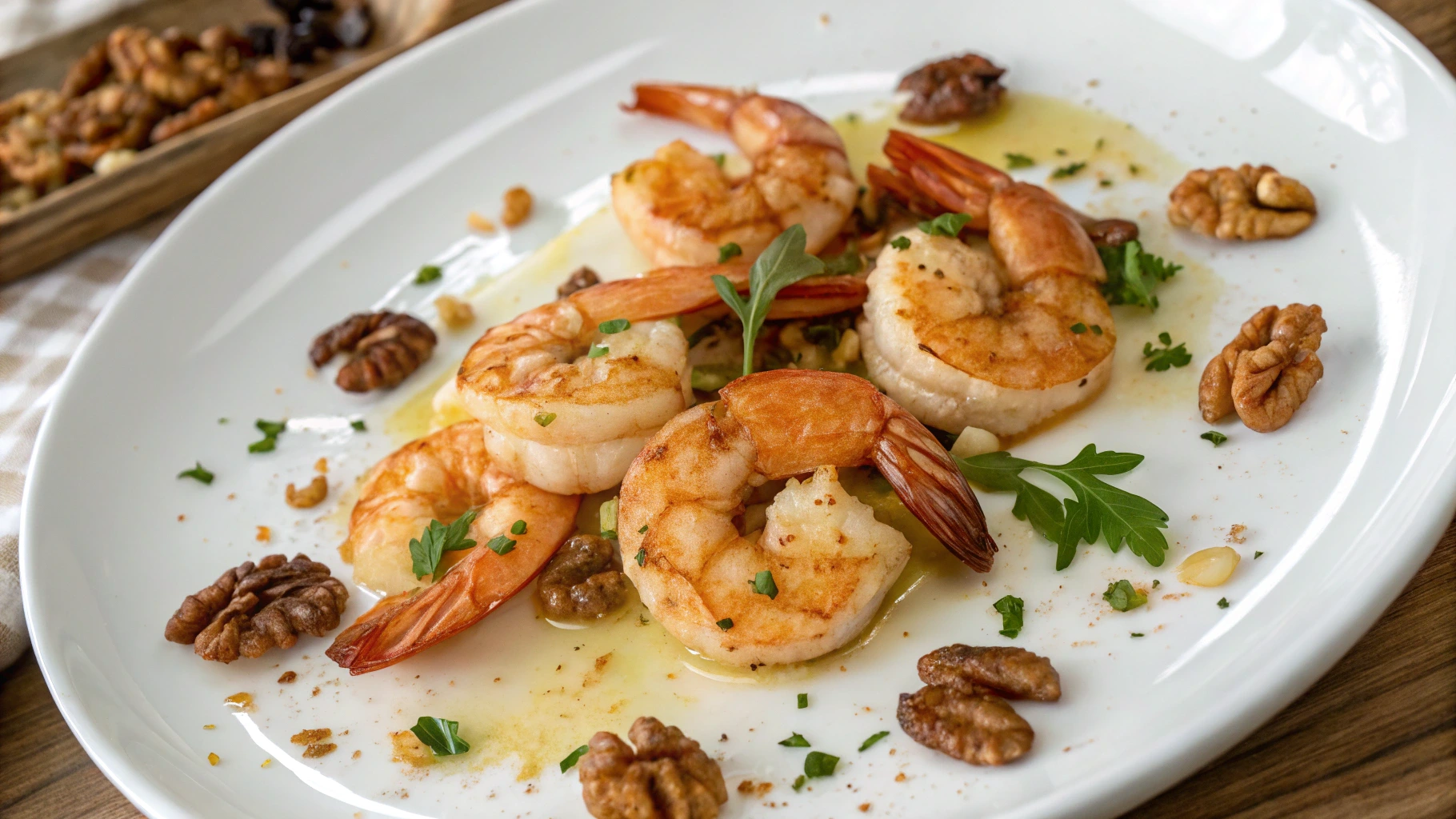 Golden crispy shrimp coated in a creamy honey sauce, topped with candied walnuts, served on a white plate with a garnish of green onions.