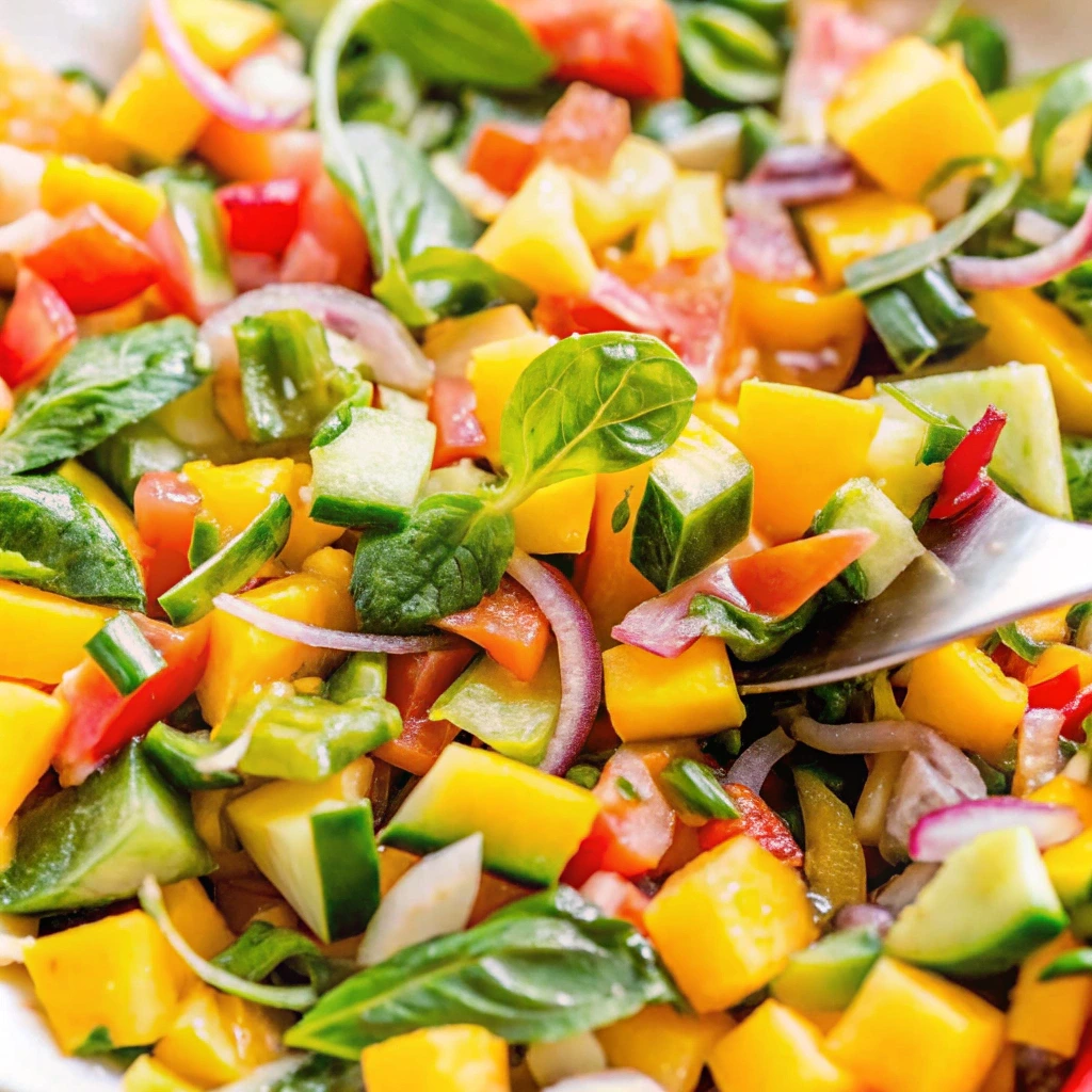 A refreshing mango salad with colorful vegetables, topped with fresh herbs and a zesty dressing.