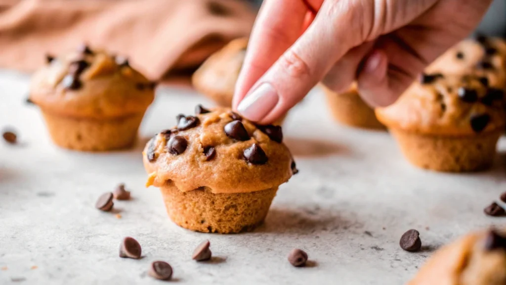 Mini chocolate chip muffins fresh out of the oven, golden brown with melted chocolate chips.