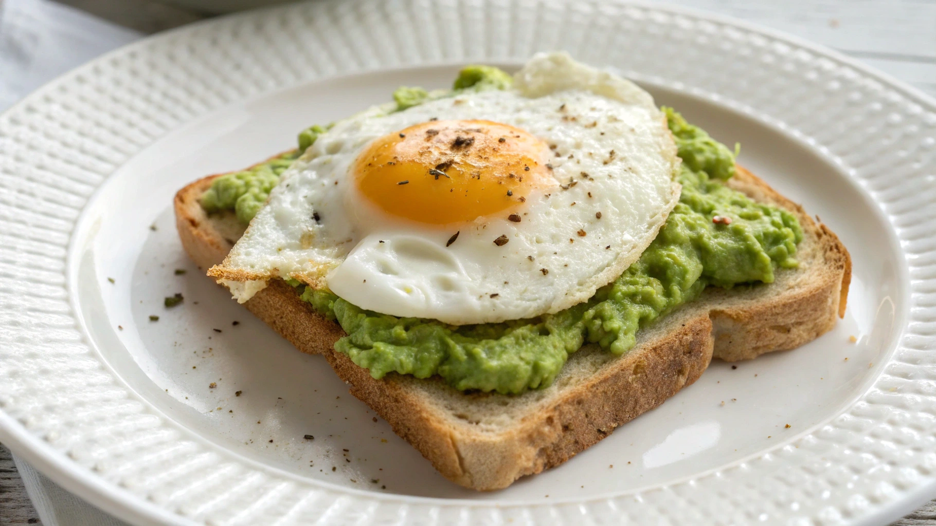 Simple avocado toast with egg on whole-grain bread, topped with fresh herbs and a sprinkle of chili flakes.