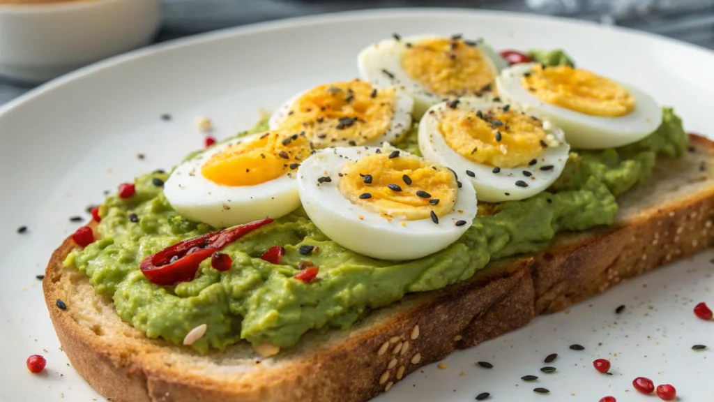 Simple avocado toast with egg on whole-grain bread, topped with fresh herbs and a sprinkle of chili flakes.