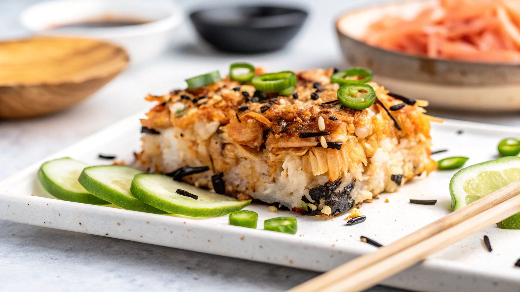 Salmon Sushi Bake: A creamy, baked casserole with flaked salmon, sushi rice, Japanese mayo, and spicy mayo drizzle, topped with furikake and green onions.